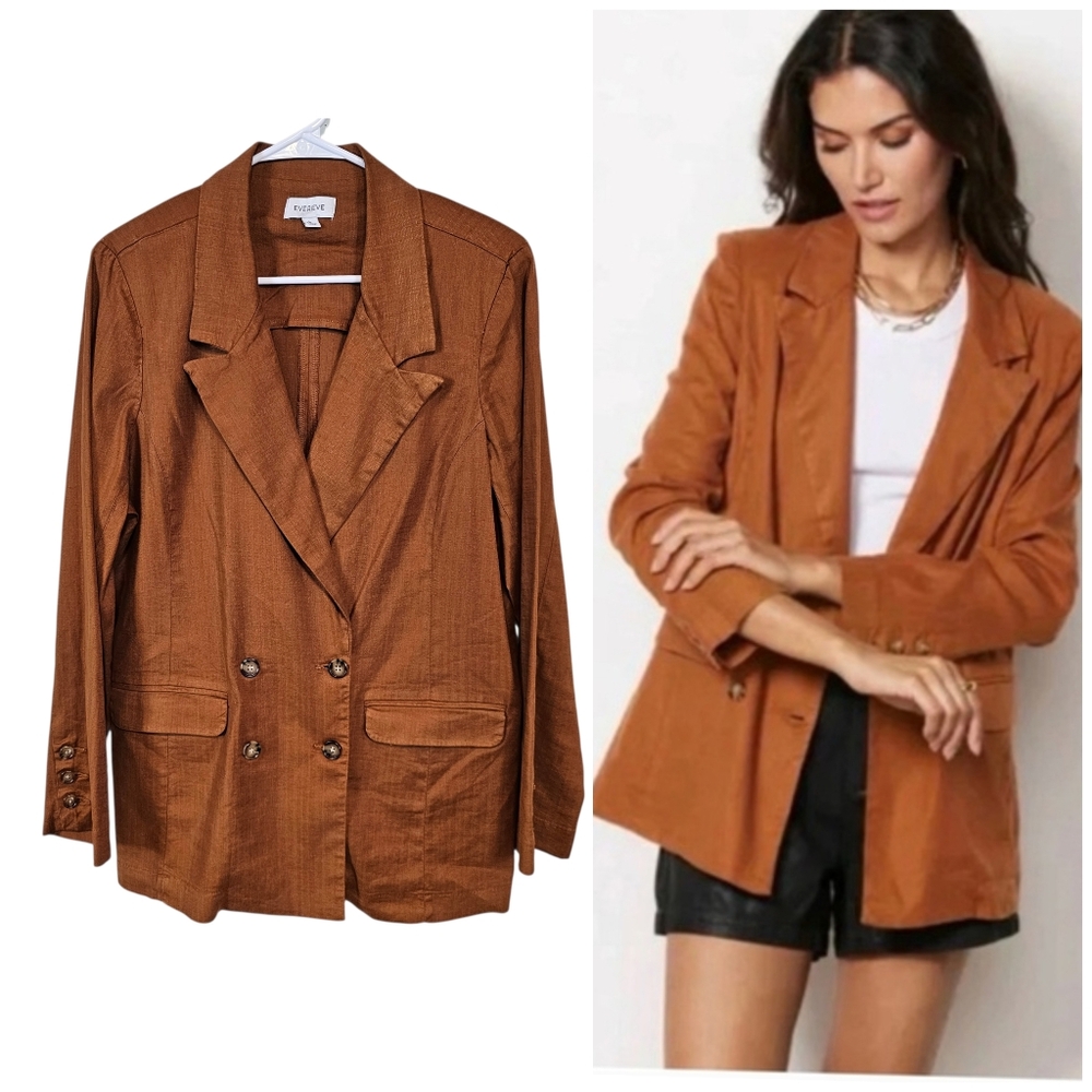 Evereve Alexa Linen Double Breasted Blazor Rust Longer Oversized Jacket
